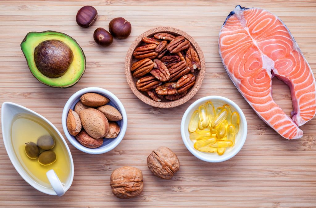 Selection of food sources of omega-3 Fatty Acids and unsaturated fats. It may reduce inflammation in the body and alleviate painful symptoms related to dry eyes